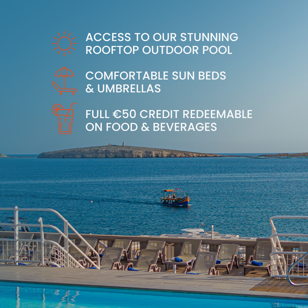 Promotional banner over an ocean view: sun, umbrella, and drink icons with white text offering rooftop pool access, sun beds, umbrellas, and €50 food/beverage credit.
